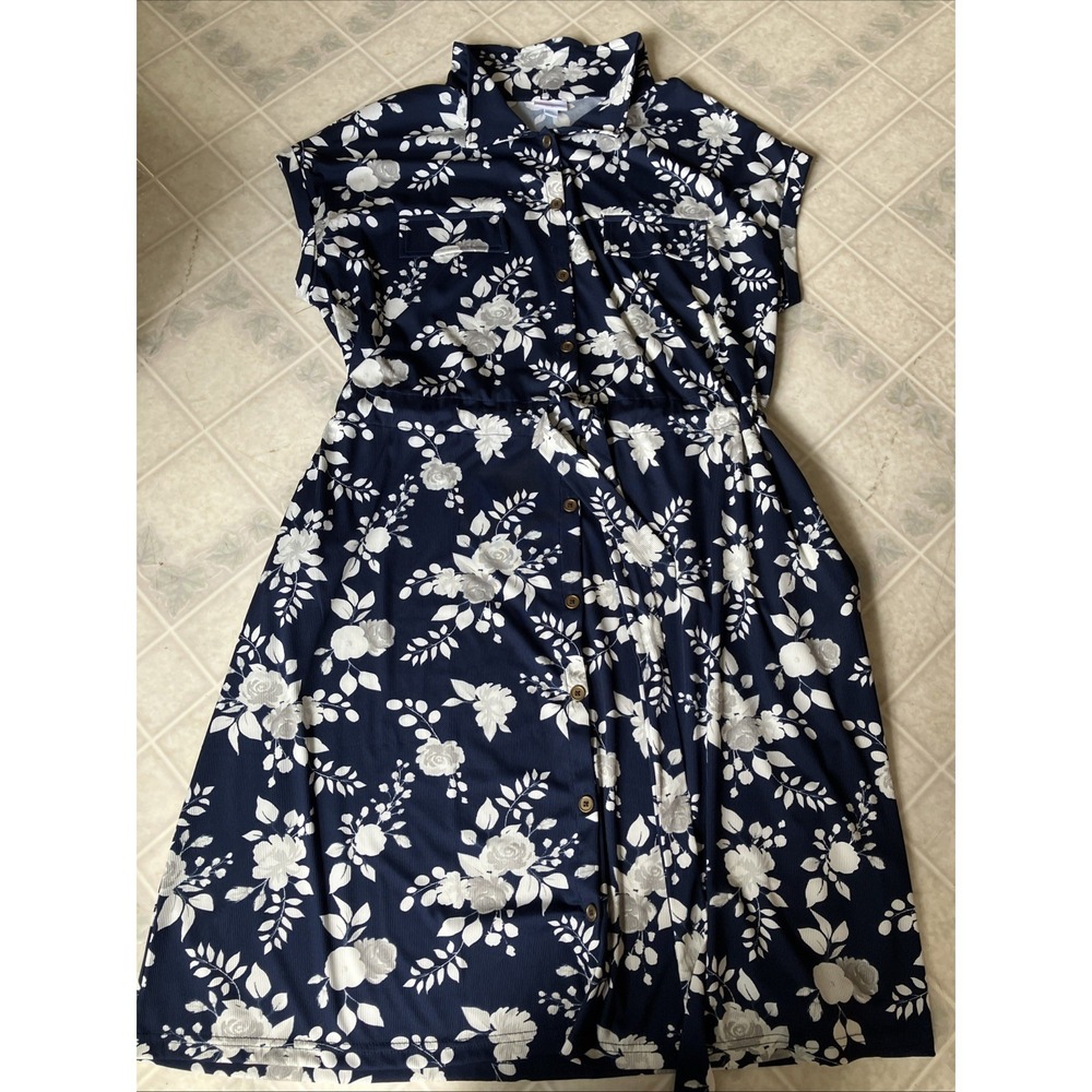 LuLaRoe Navy Blue and White Floral Midi Shirt Dress